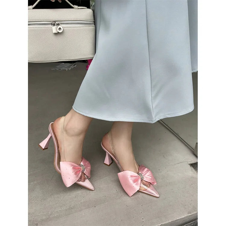 Women's Kitten Heels - Pointed Toe Mules - Clear Strap - Bow Rhinestone Detail