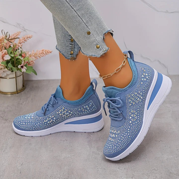 Women's Knit Lace-Up Sneakers - Rhinestone Detail - Wedge Sole