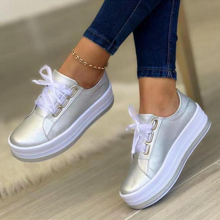 Women's Low Top Platform Sneakers - Lace-Up - Metallic Upper
