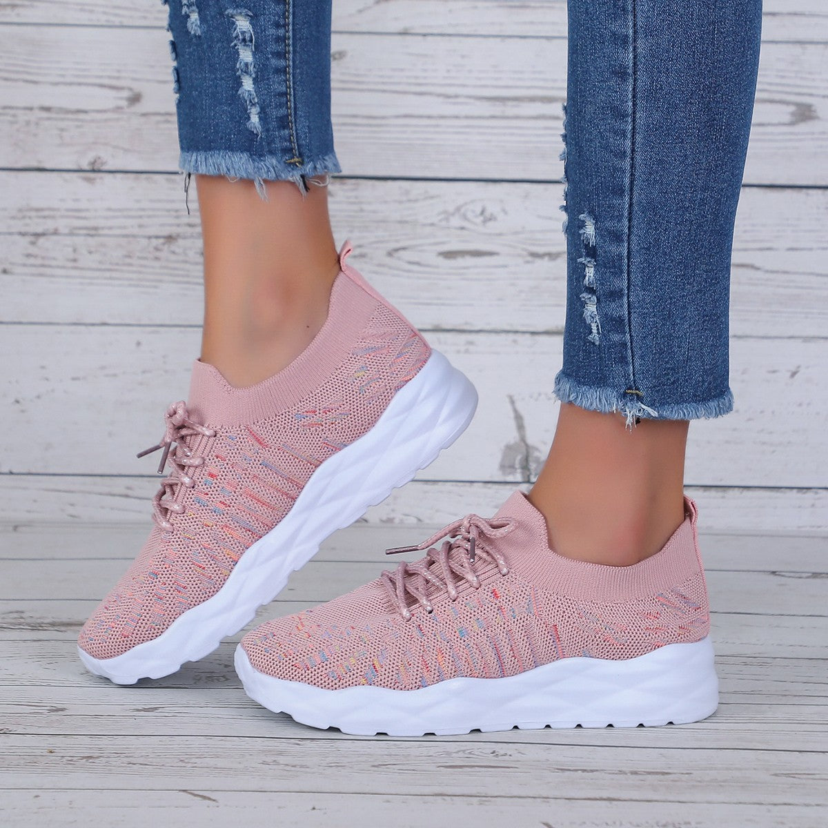 Women's Lace-Up Knit Mesh Sneakers - Round Toe - Sock Collar - Chunky Sole