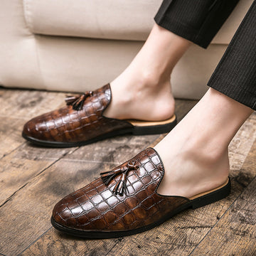 Men’s Croc-Embossed Leather Slip-On Mule Loafers with Tassel Detail