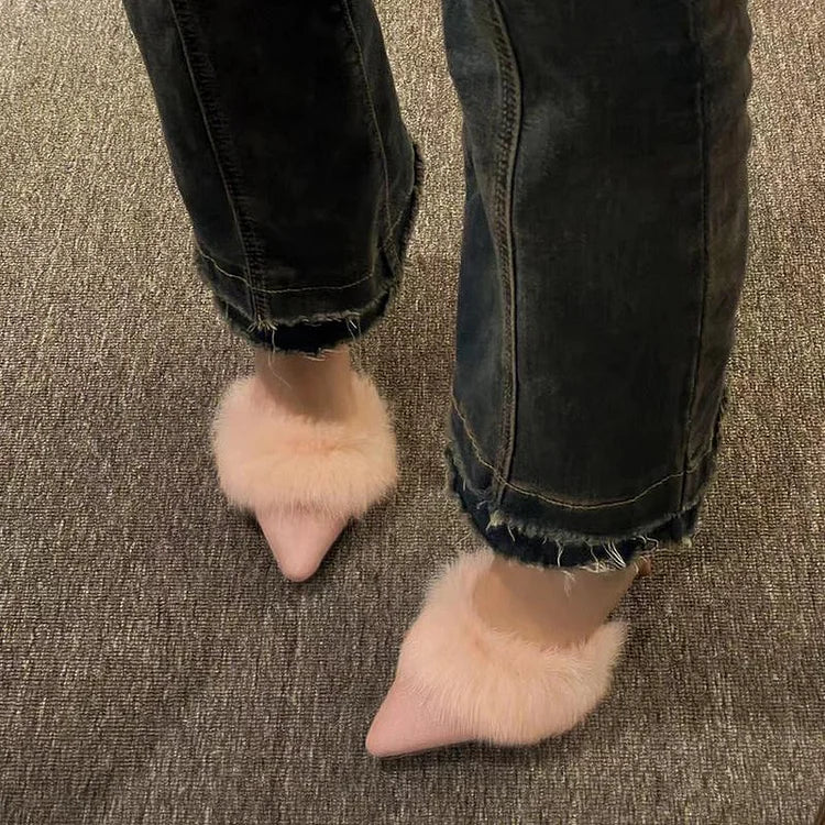 Women’s Pointed Toe Mule Heels with Faux Fur Trim and Stiletto Heel