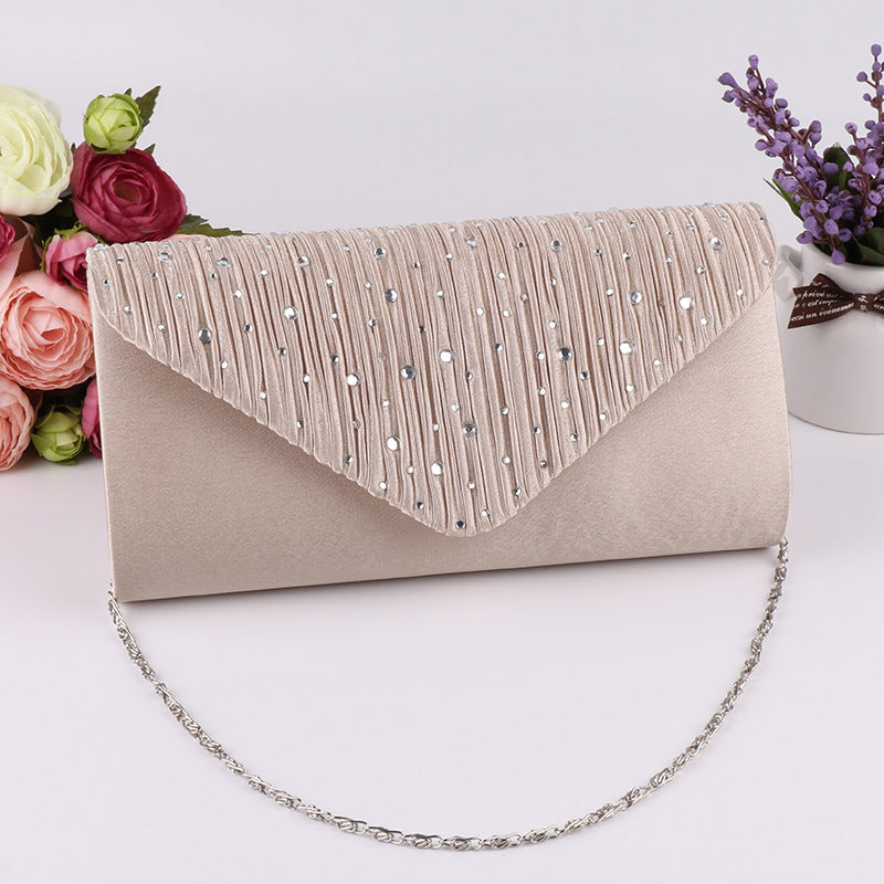 Women's Satin Rhinestone Clutch Bag Envelope with Pleated Flap