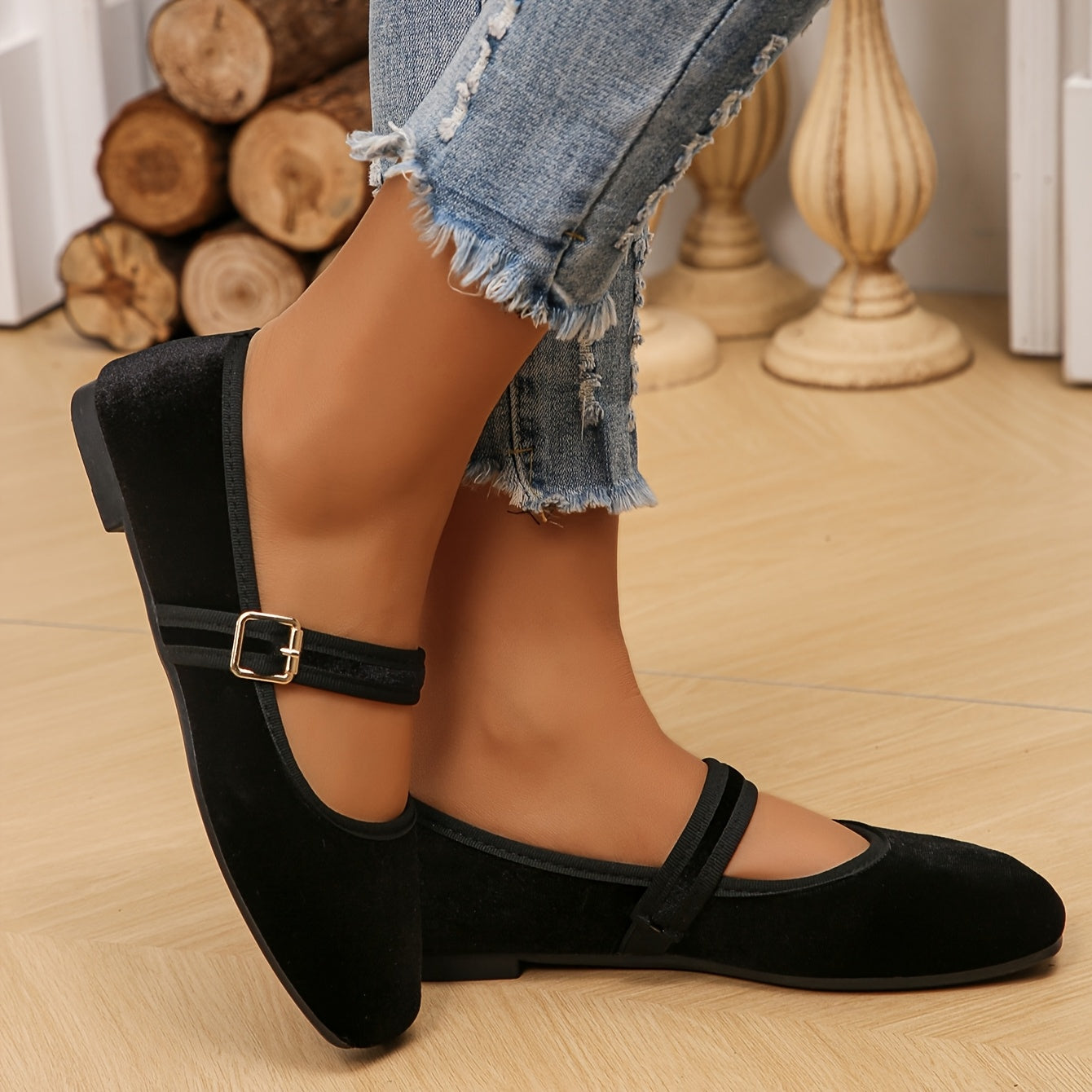 Women’s Mary Jane Flats with Strap Closure – Square Toe Ballet Shoes
