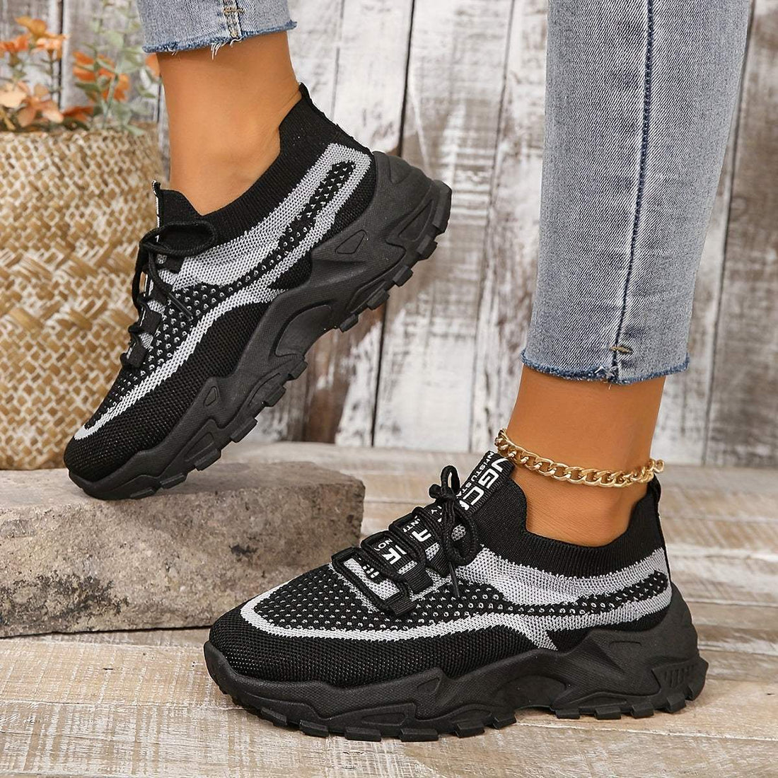 Women's Chunky Sneakers with Knit Mesh Upper and Lace-Up Closure