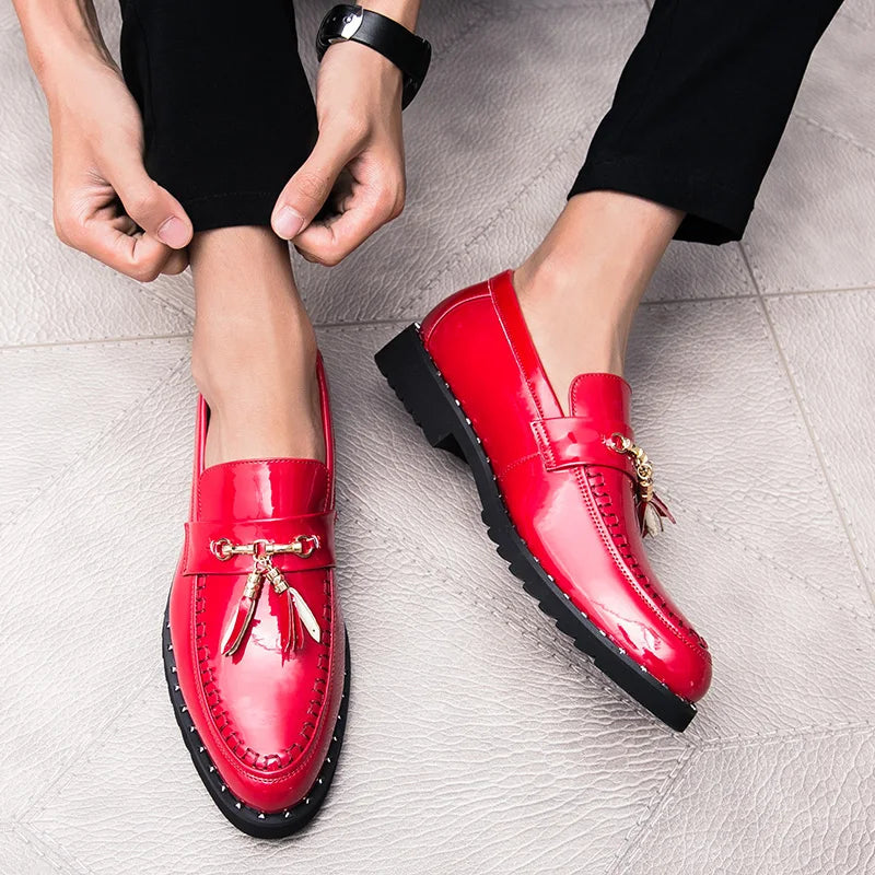 Men's Tassel Loafers - Slip-On Patent Upper - Pointed Toe Low Heel