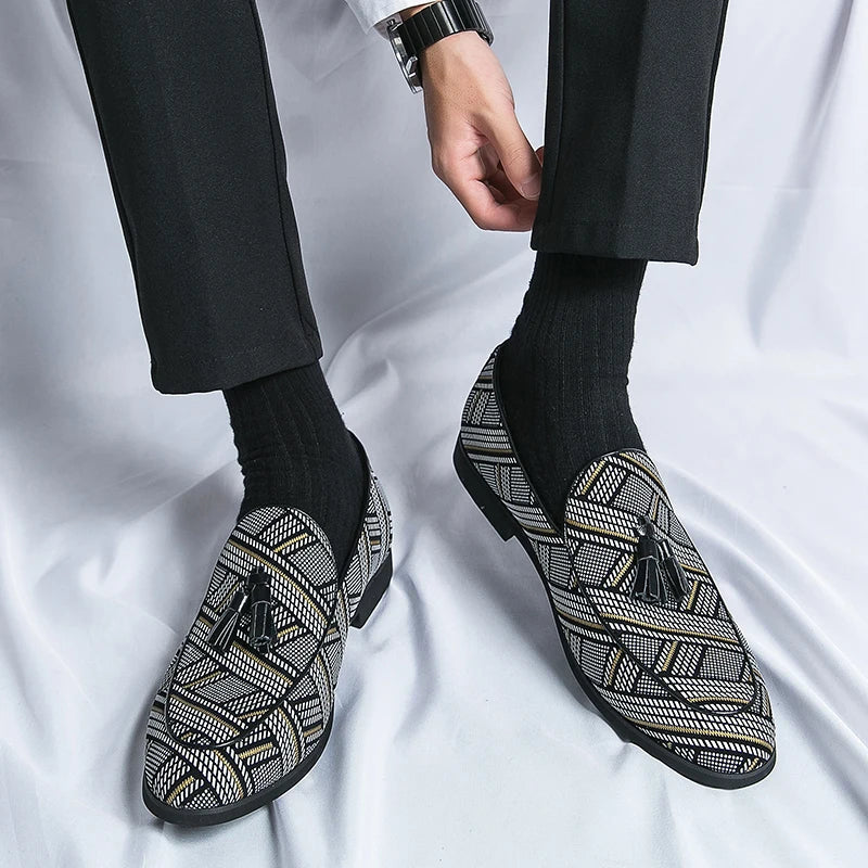 Men’s Almond Toe Checker Weave Faux Leather Tassel Loafers with Slip-On Design