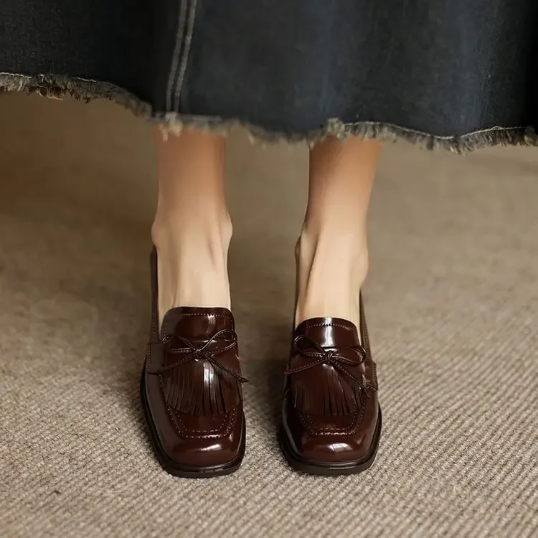 Women's Leather Loafers - Tassel Bow - Square Toe - Block Heel