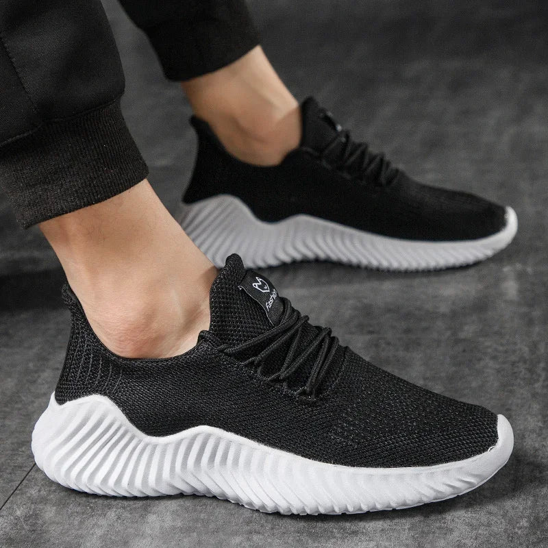 Men's Low Top Sneakers - Knit Upper - Lace-Up - Ridged Rubber Sole