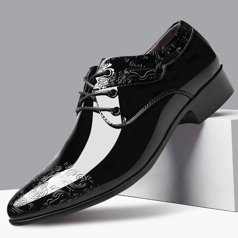 Men's Oxford Dress Shoes - Pointed Toe - Patent Upper - Embossed Detail - Black