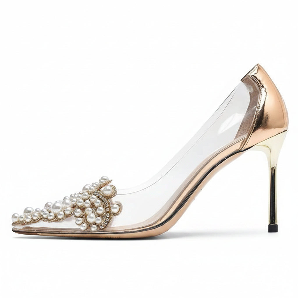 Women's Clear PVC Pointed Toe Pumps with Pearl Embellishment and Stiletto Heel