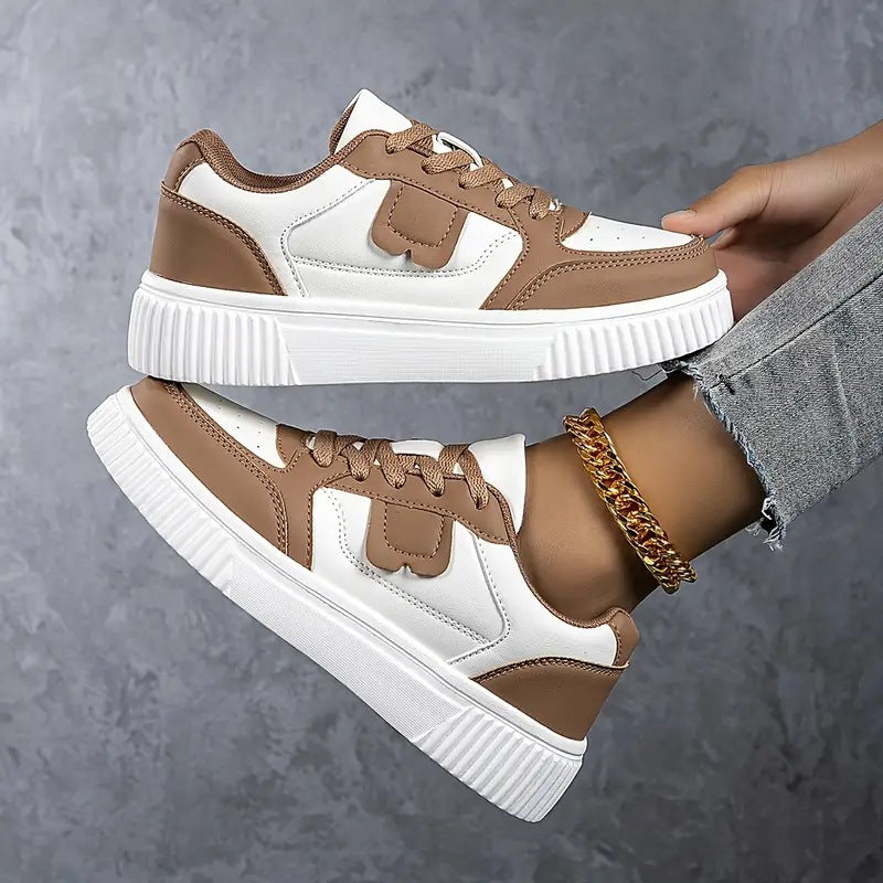 Women's Lace-Up Platform Sneakers with Round Toe and Color-Block Upper