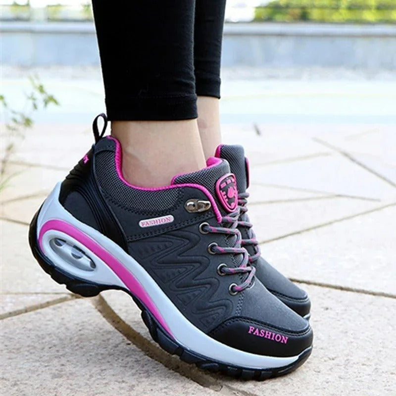 Women's Lace-Up Platform Sneakers with Leather Upper and Air Cushion Sole