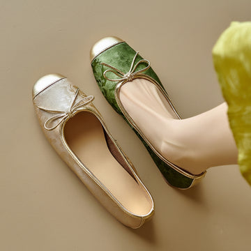 Women's Ballet Flats – Round Cap Toe Jacquard Slip-On with Metallic Bow Detail