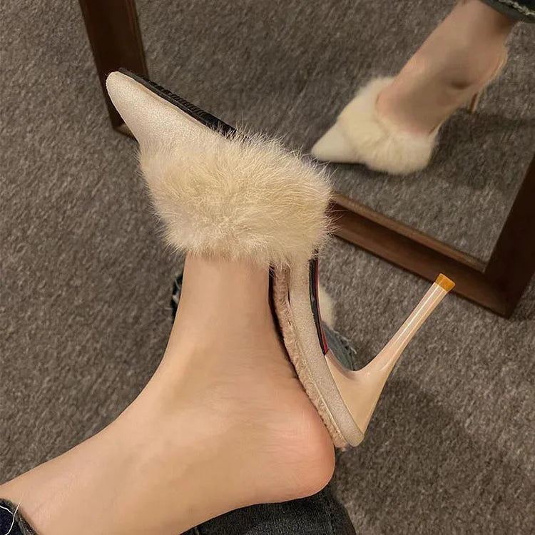Women’s Pointed Toe Mule Heels with Faux Fur Trim and Stiletto Heel