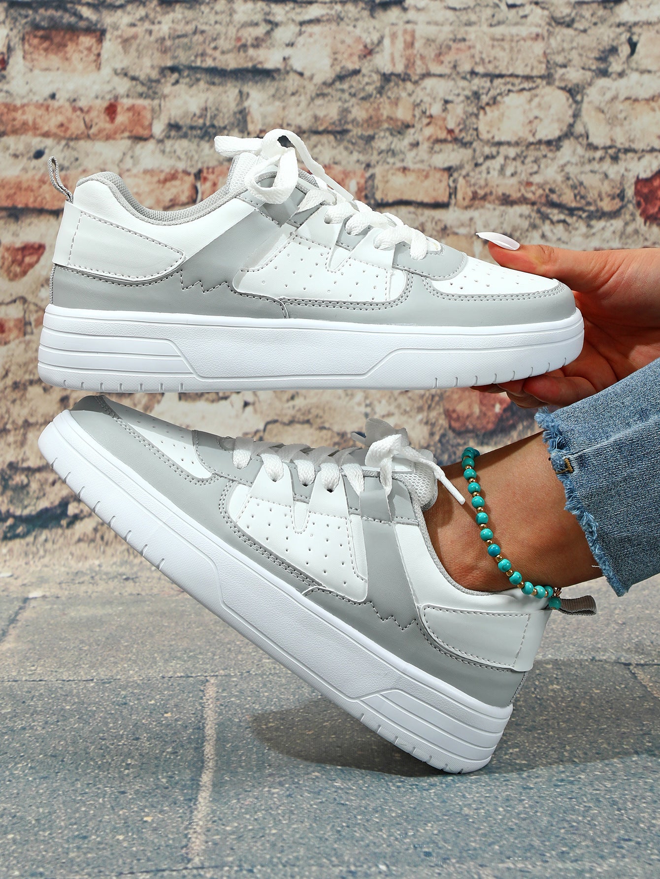 Women's Lace-Up Platform Sneakers - Low Top - Perforated Panel - Chunky Sole