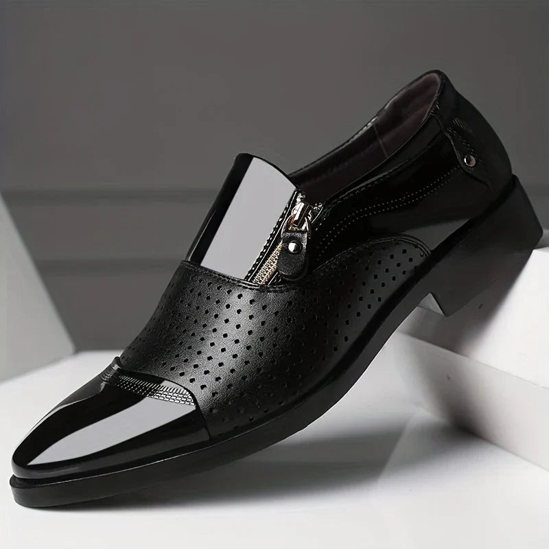 Men's Pointed Toe Dress Shoes - Side Zip - Patent Panel Upper Low Heel