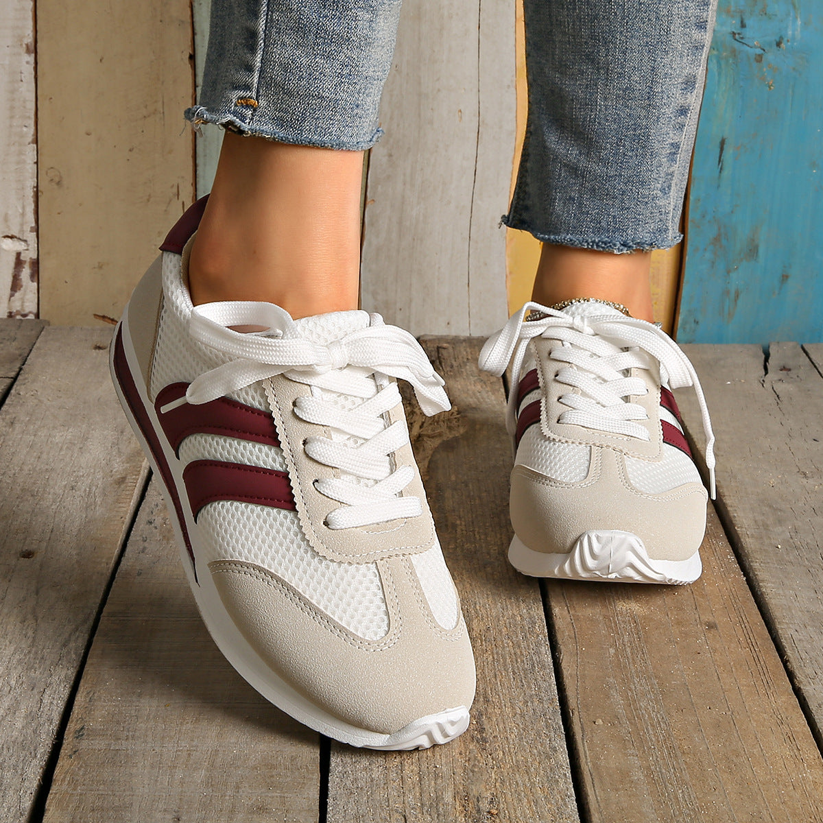 Women's Casual Sneakers – Lace-Up Low Top Mesh Upper with Stripe Panel