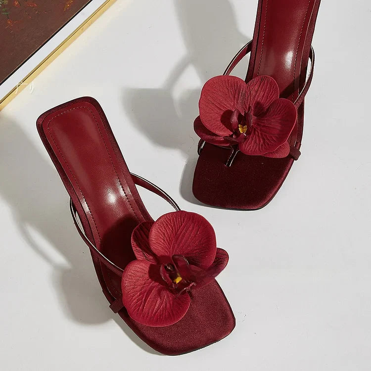 Women's Red Square Toe Heeled Mules - 3D Orchid Appliqué Thong Strap Stiletto