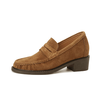 Women's Suede Penny Loafers with Block Heel and Round Toe