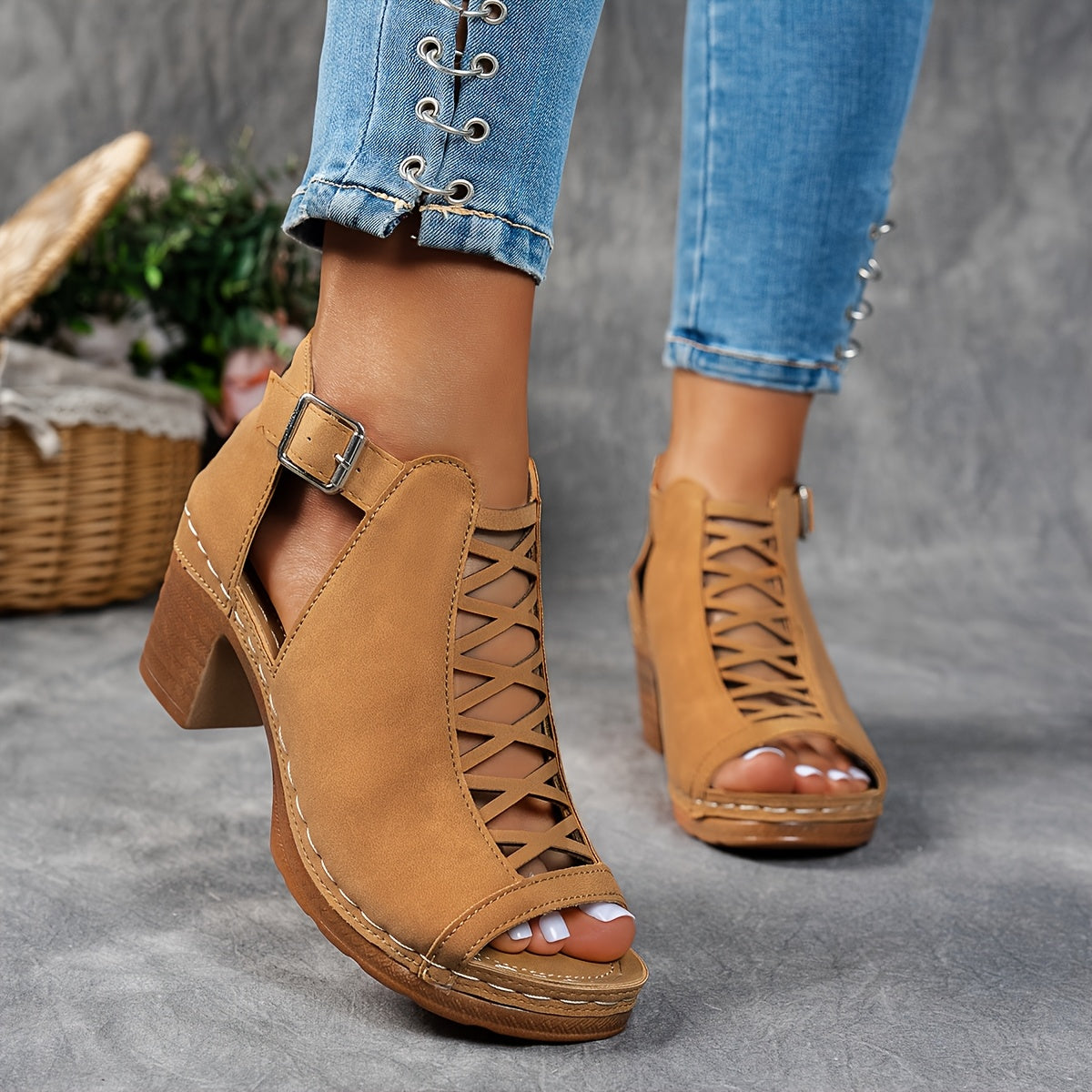 Women's Open Toe Heeled Sandals - Cut-Out Upper - Buckle and Back Zip