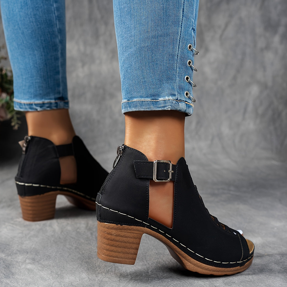 Women's Open Toe Heeled Sandals - Cut-Out Upper - Buckle and Back Zip