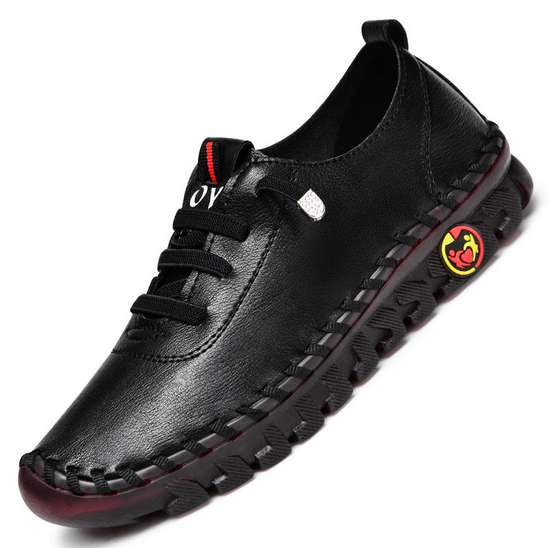 Women's Lace-Up Leather Casual Shoes - Round Toe - Moccasin Stitch Sole - Flat
