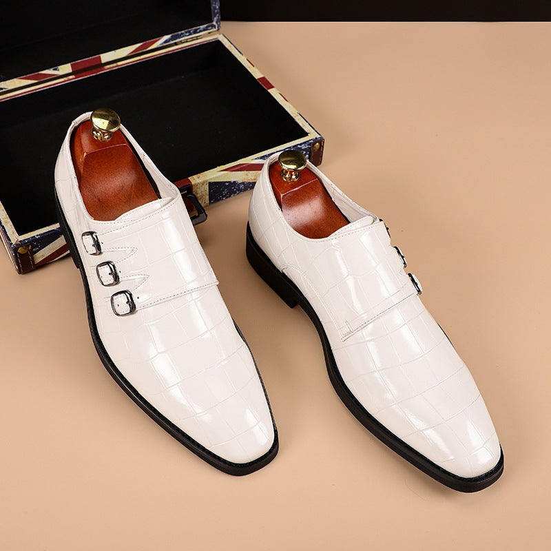 Men's Triple Monk Strap Dress Shoes - Pointed Toe - Croc Embossed - Low Heel