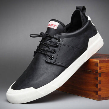 Men's Lace-Up Leather Casual Sneakers - Low Top - Round Toe - Flat Sole