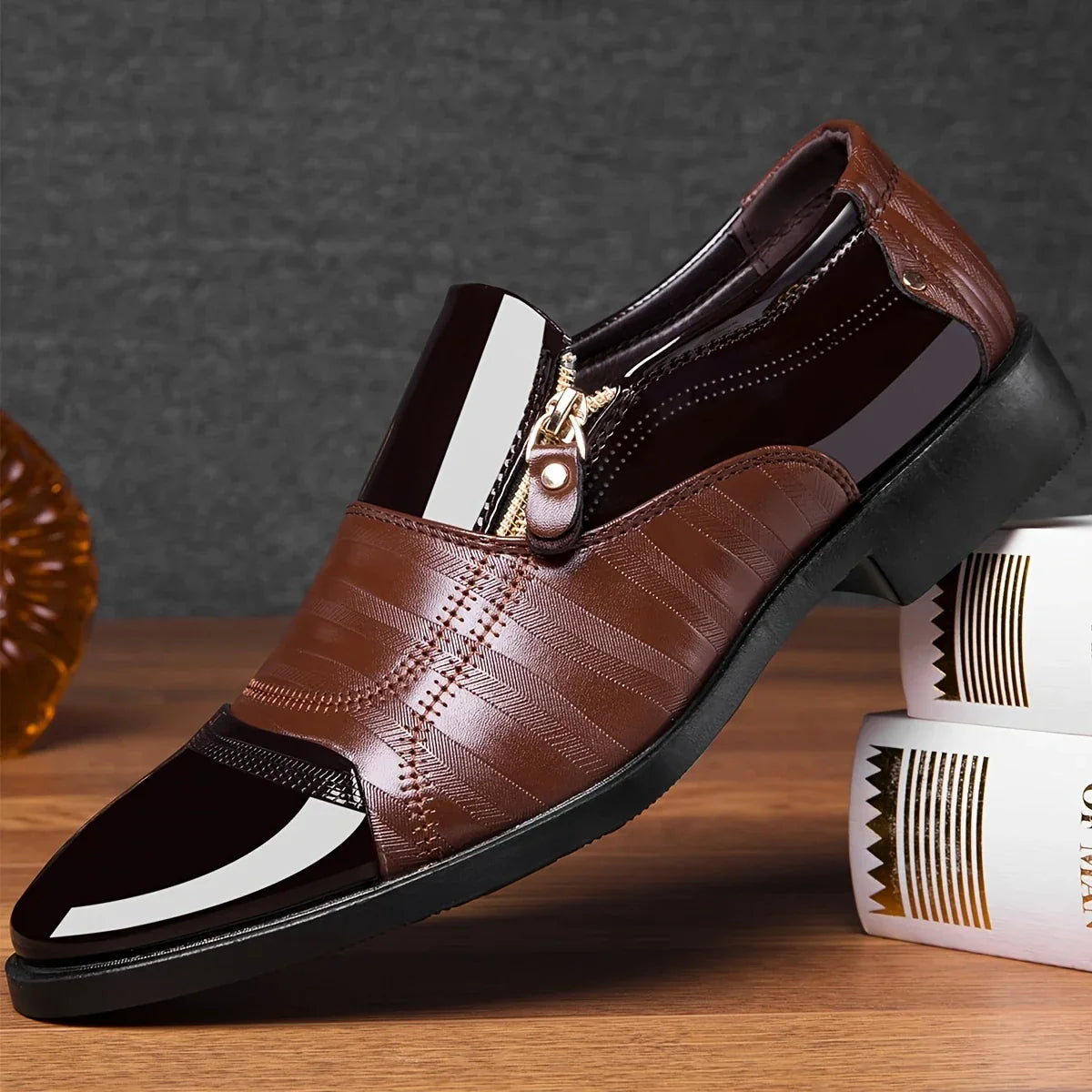 Men's Pointed Toe Dress Shoes - Side Zip - Patent Panel Upper Low Heel