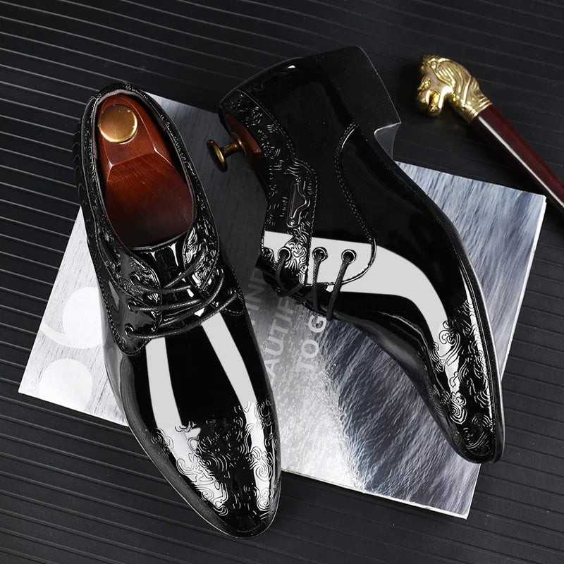 Men's Oxford Dress Shoes - Pointed Toe - Patent Upper - Embossed Detail - Black
