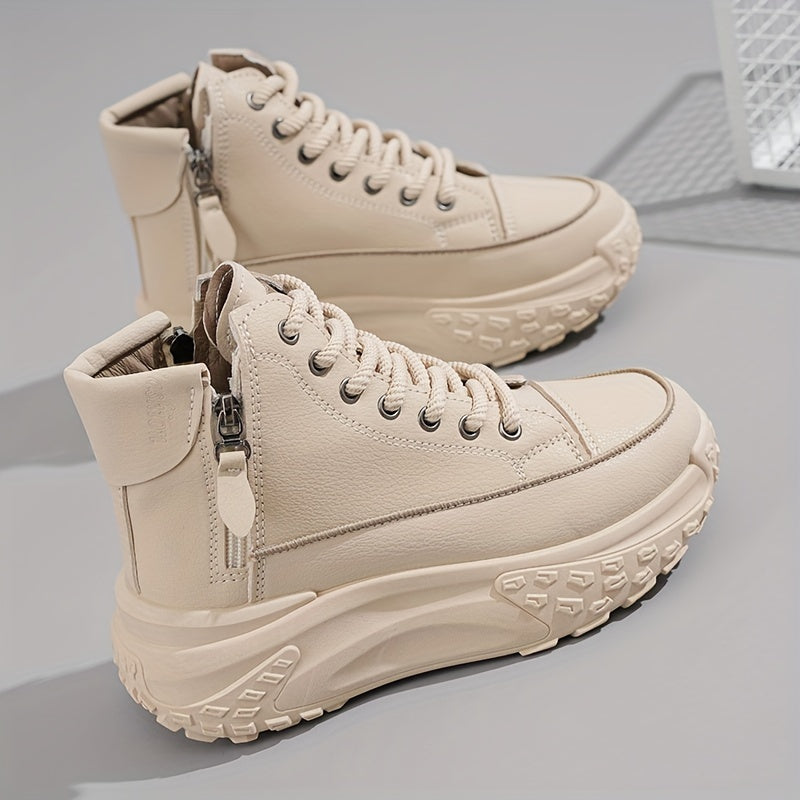 Women’s Rounded Toe High-Top Platform Sneakers with Lace-Up Closure and Side Zip