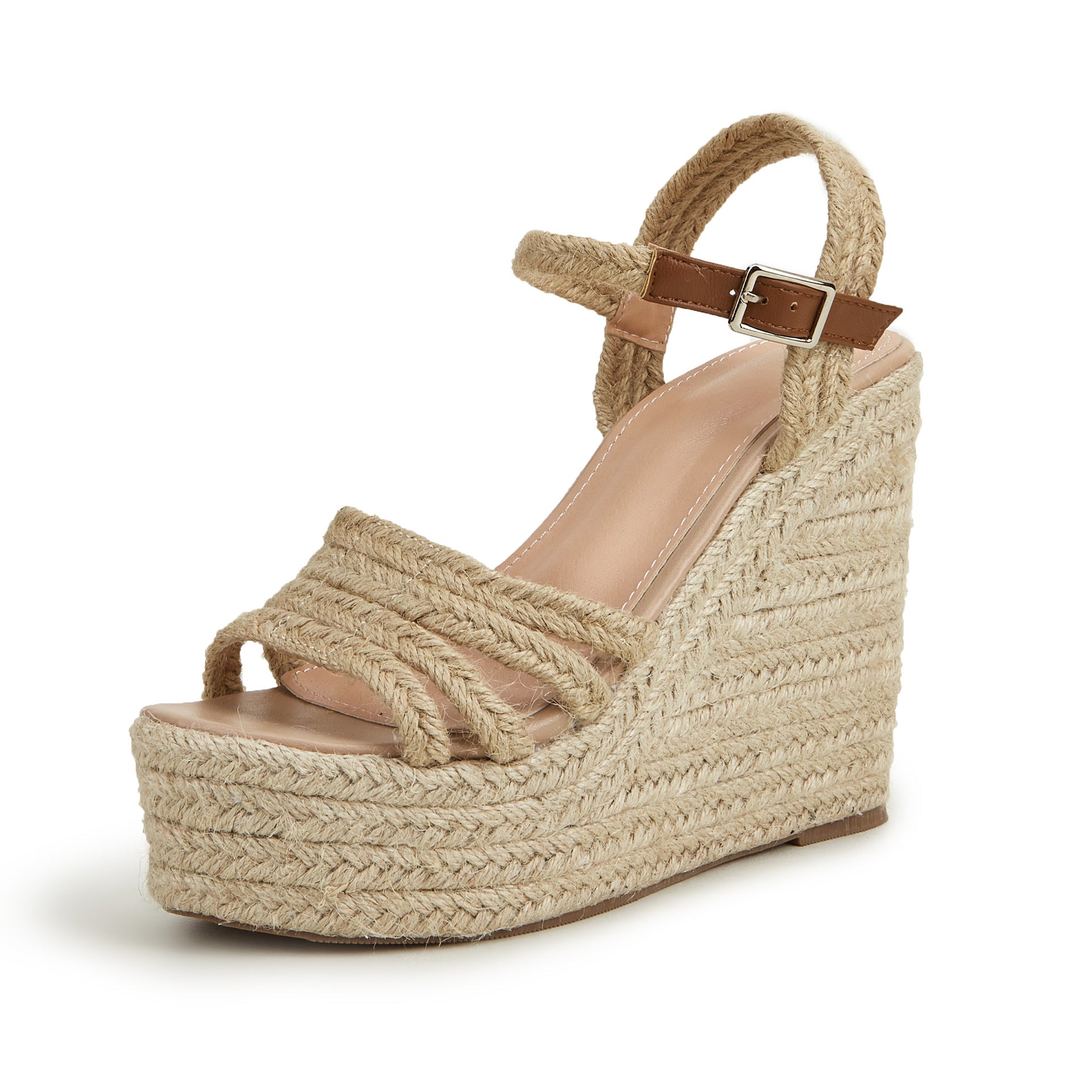 Women's Open Toe Braided Strap Espadrille Wedge Sandals with Ankle Buckle