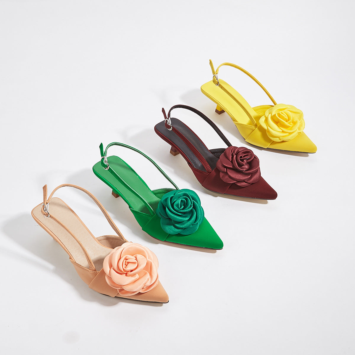 Women's Pointed Toe Kitten Heels - Slingback Pumps - Rosette Vamp Detail