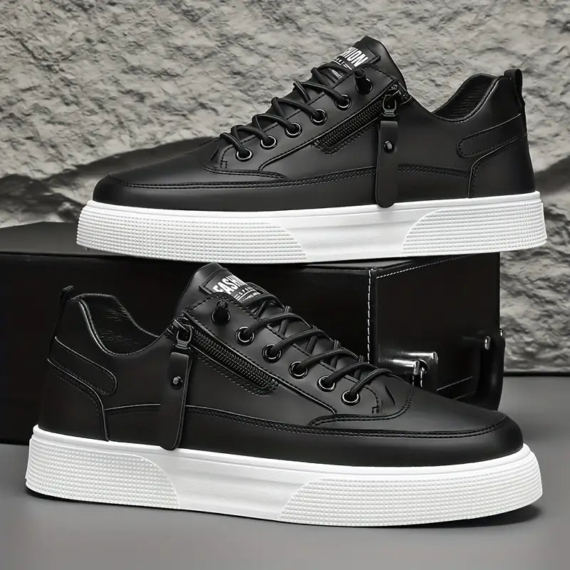 Men’s Rounded Toe Lace-Up Low-Top Sneakers with Side Zip and Flat Rubber Sole