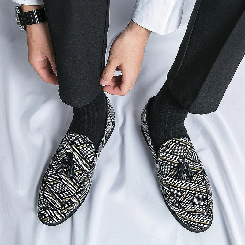 Men’s Almond Toe Checker Weave Faux Leather Tassel Loafers with Slip-On Design