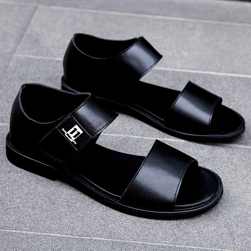 Men’s Leather Summer Sandals - Open Toe - Velcro Strap - Lightweight Casual Shoes
