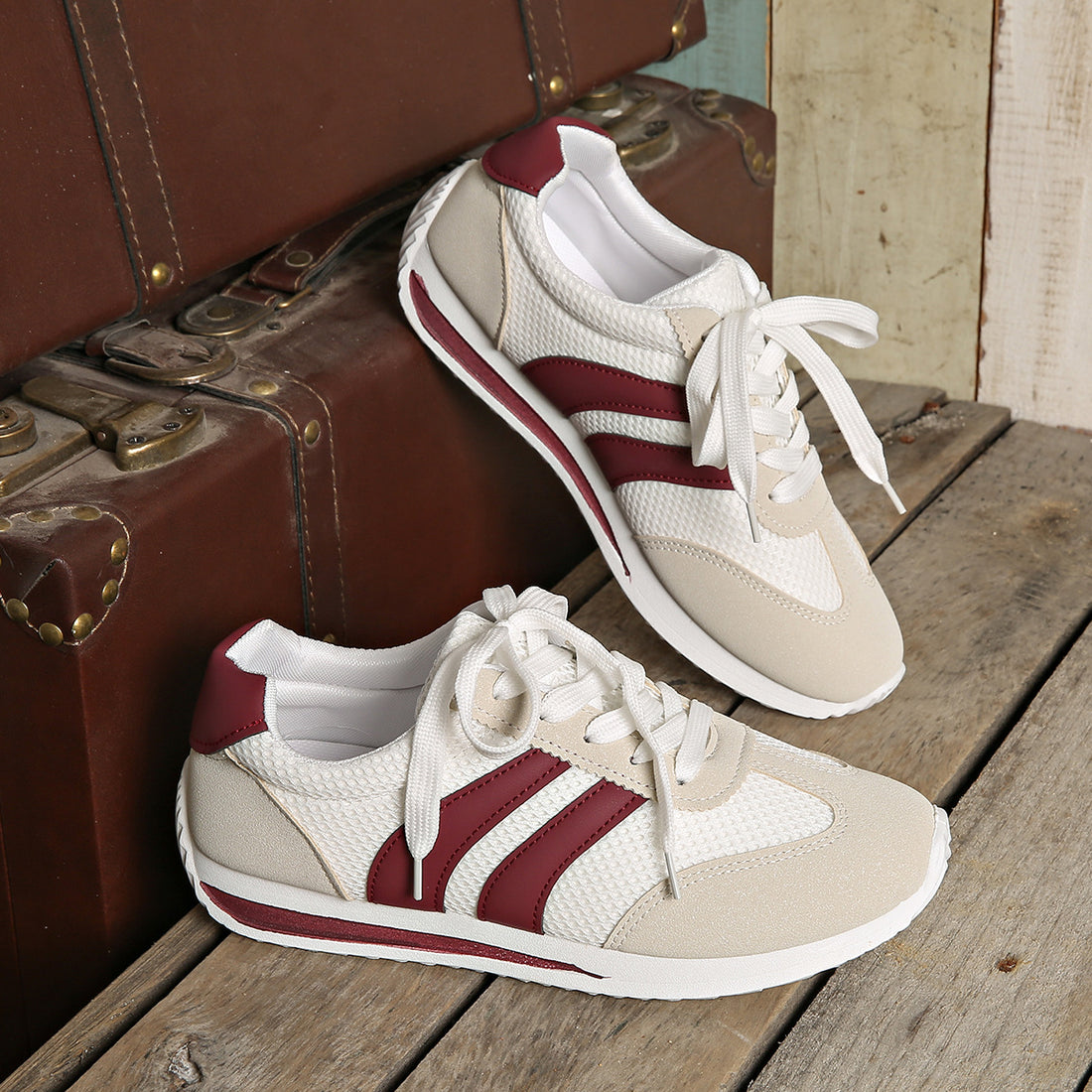 Women's Casual Sneakers – Lace-Up Low Top Mesh Upper with Stripe Panel