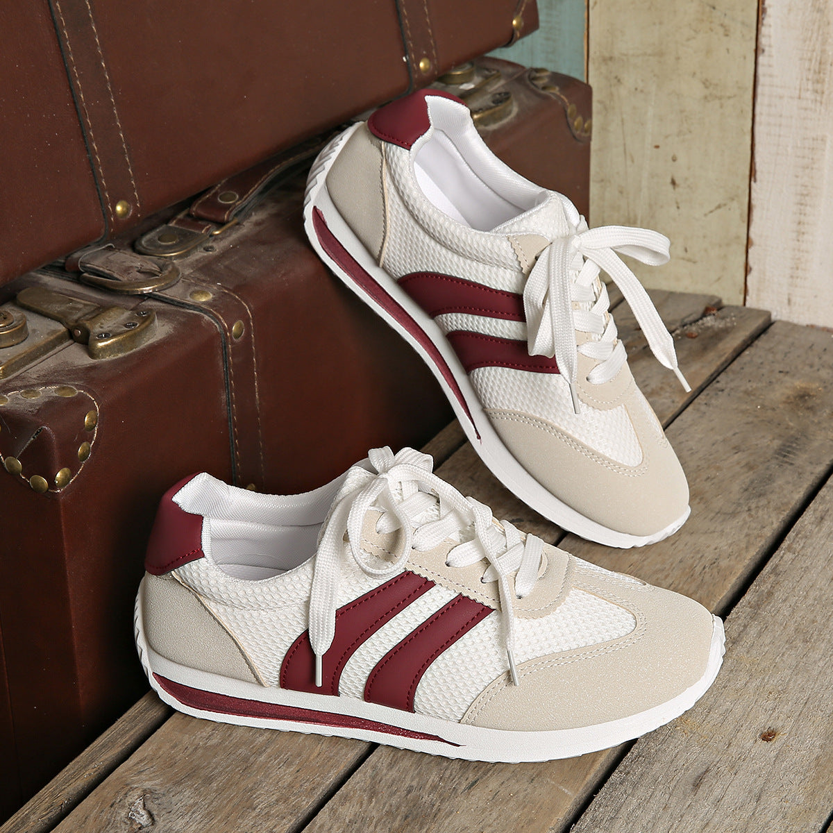 Women's Casual Sneakers – Lace-Up Low Top Mesh Upper with Stripe Panel