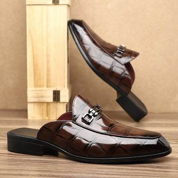 Men’s Mule Loafers with Croc Pattern - Slip-On Backless Design - Metal Bit Detail