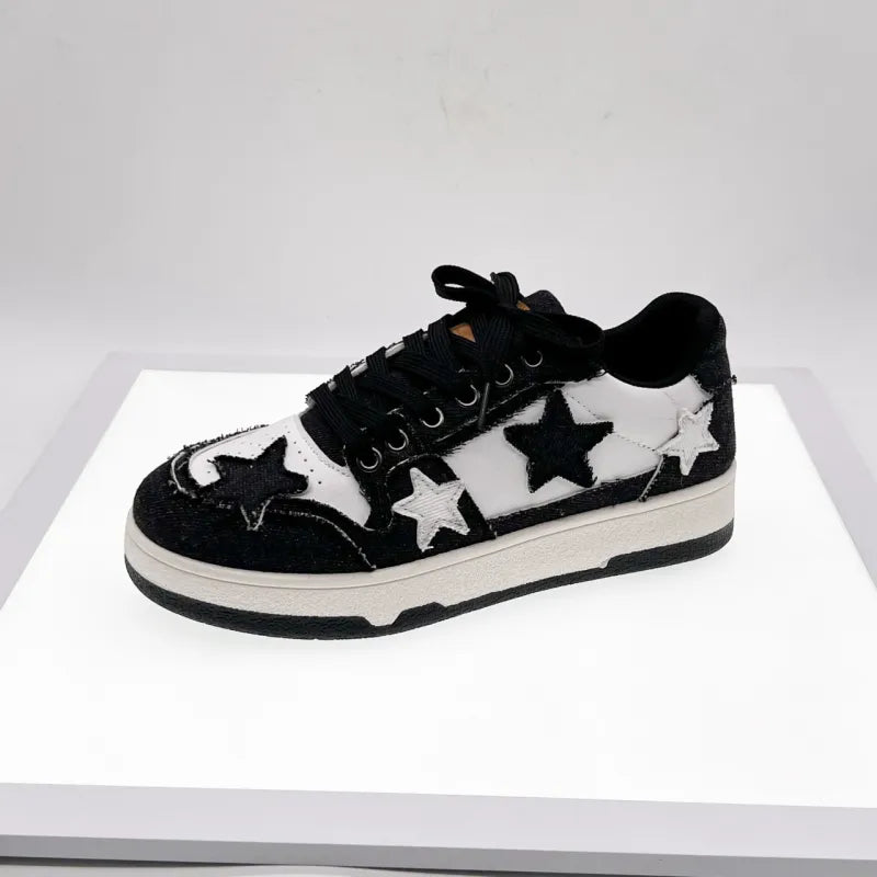 Women’s Star Pattern Casual Sneakers - Lace-Up Denim Style - Low Top Street Shoes