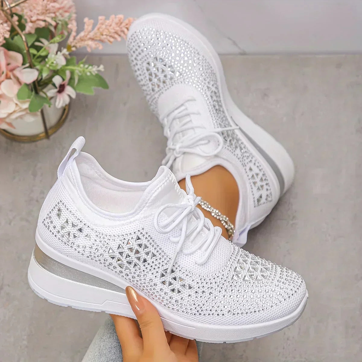 Women's Knit Lace-Up Sneakers - Rhinestone Detail - Wedge Sole