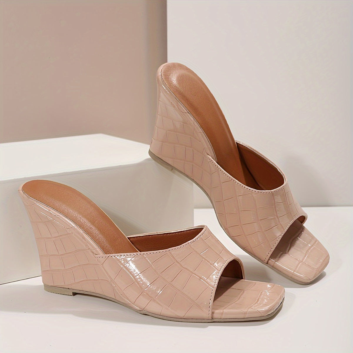 Women's Croc-Embossed Square Toe Wedge Slide Sandals