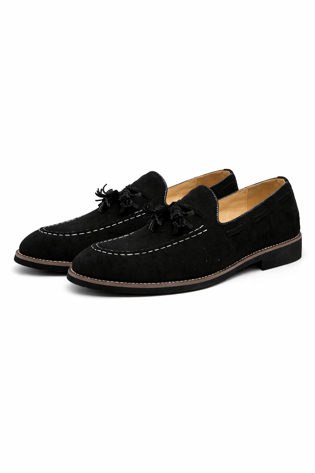 Men's Loafers - Slip-On - Tassel Detail - Suede - Moc Toe Stitching