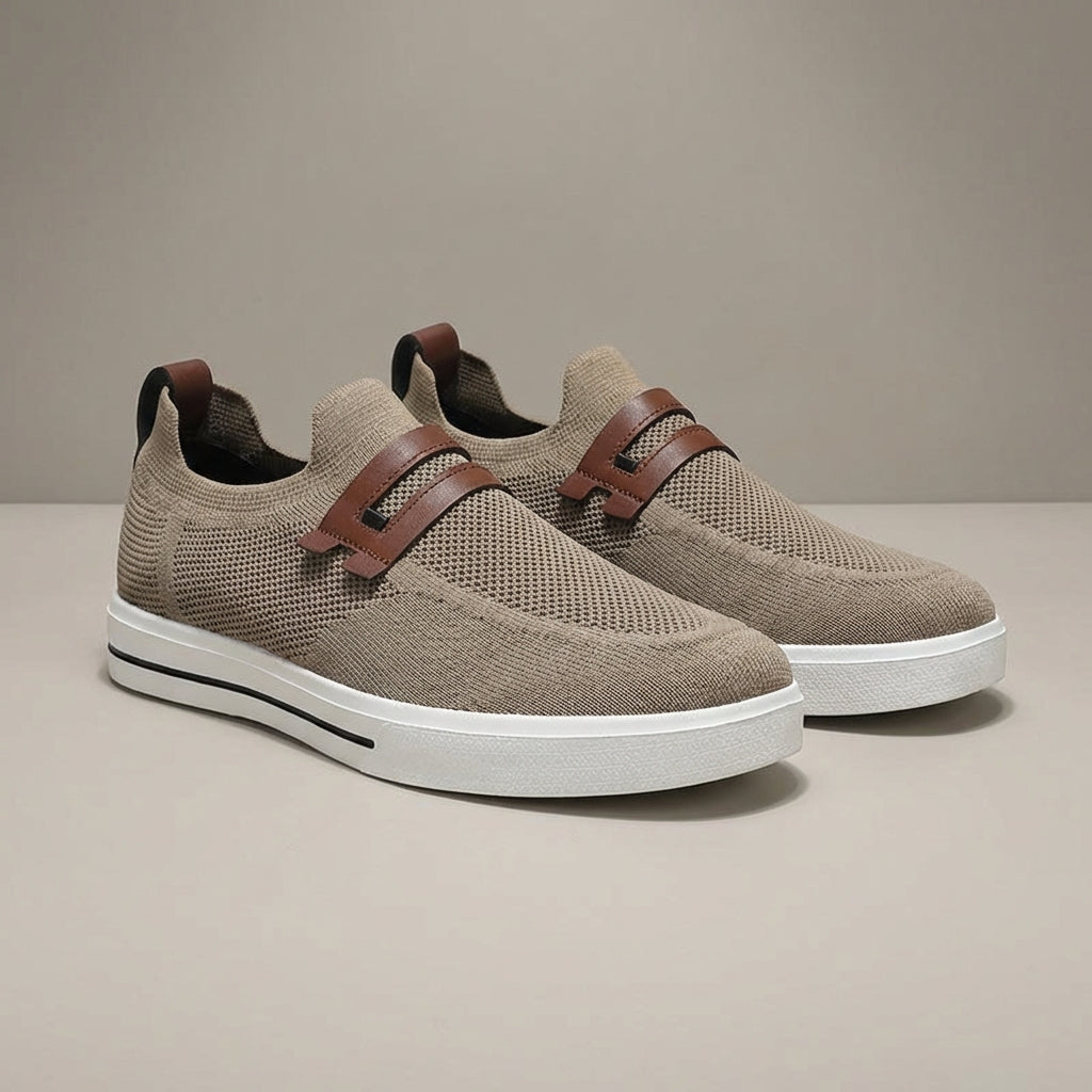 Men’s Round Toe Slip-On Faux Leather Knit Sneakers with Strap Detail