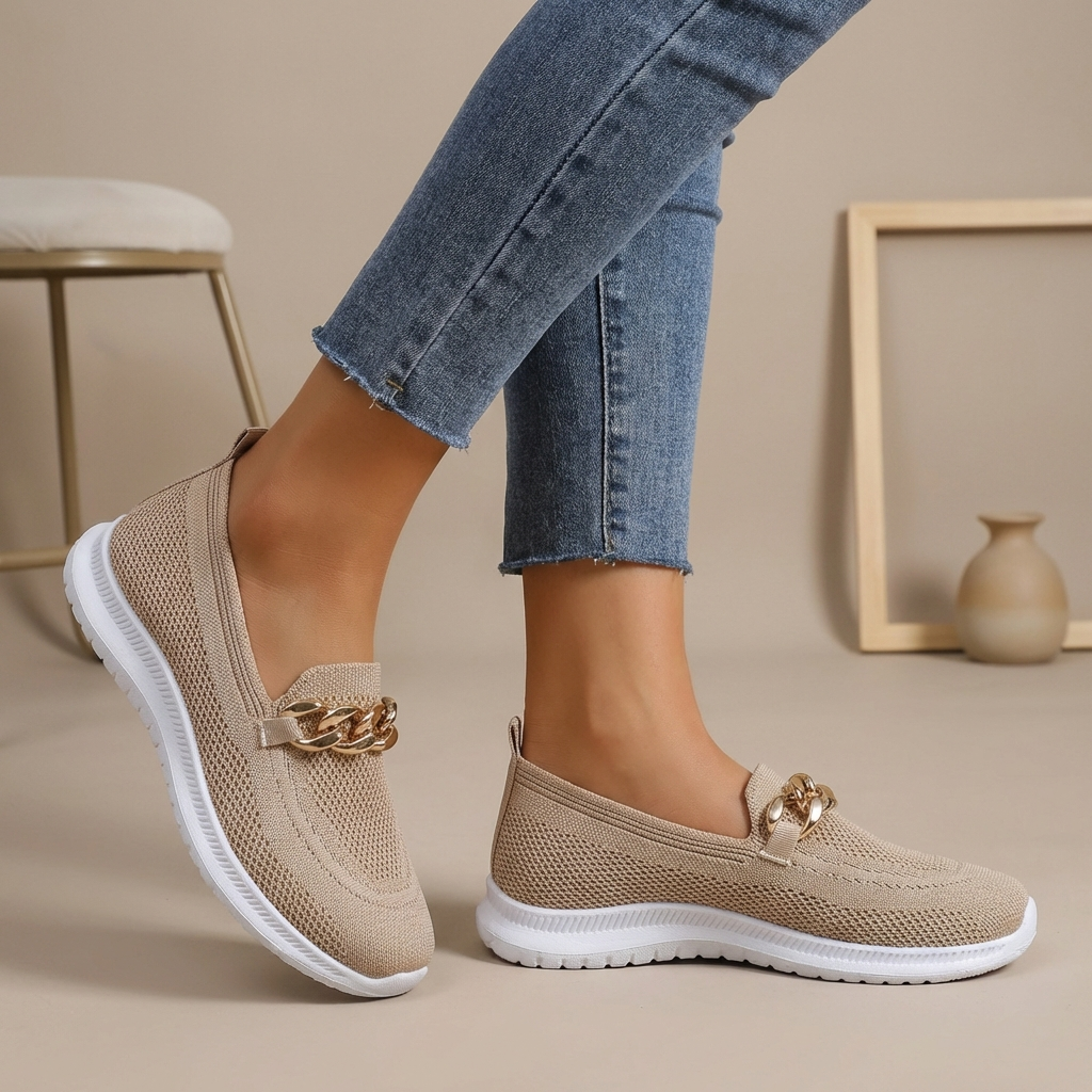 Women’s Rounded Toe Slip-On Loafers with Chain Hardware Detail and Textured Sole