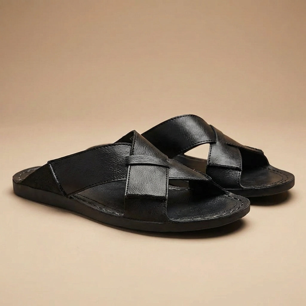 Men's Leather Slide Sandals - Open Toe Cross-Strap Slip-On - Flat Sole - Topstitched Footbed