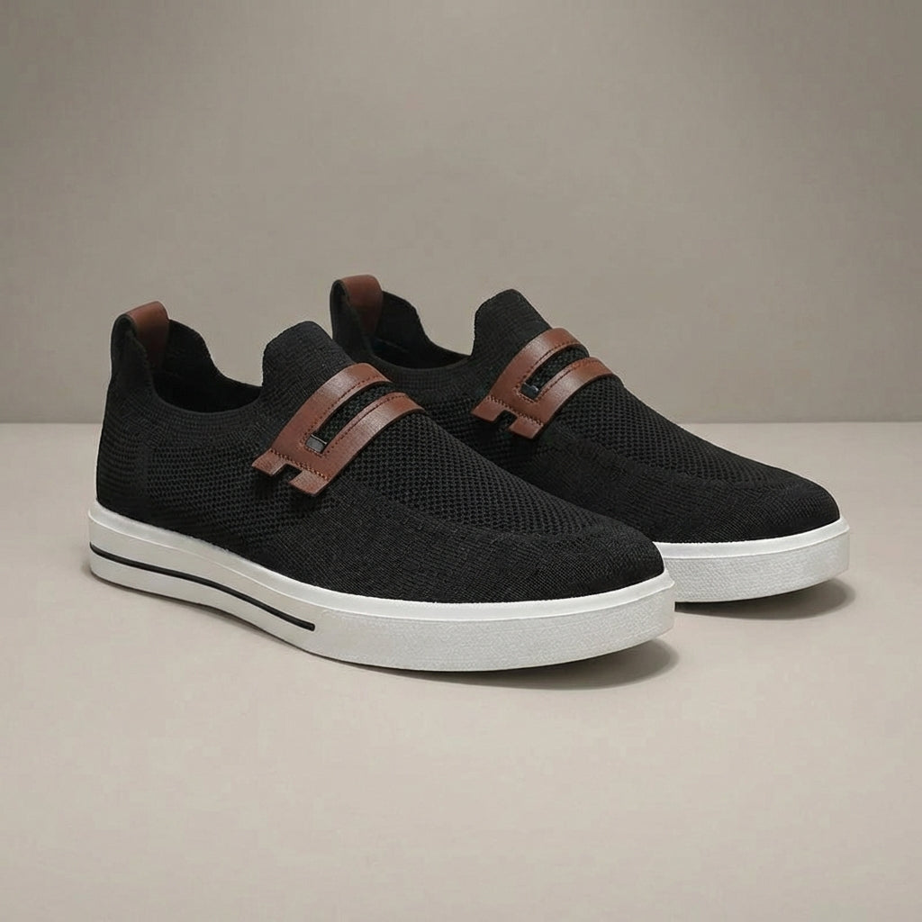 Men’s Round Toe Slip-On Faux Leather Knit Sneakers with Strap Detail