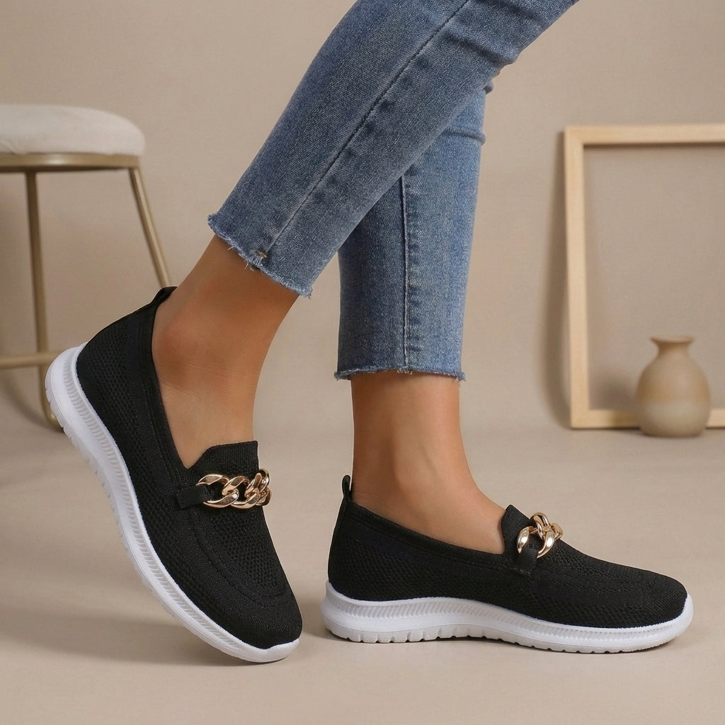 Women’s Rounded Toe Slip-On Loafers with Chain Hardware Detail and Textured Sole