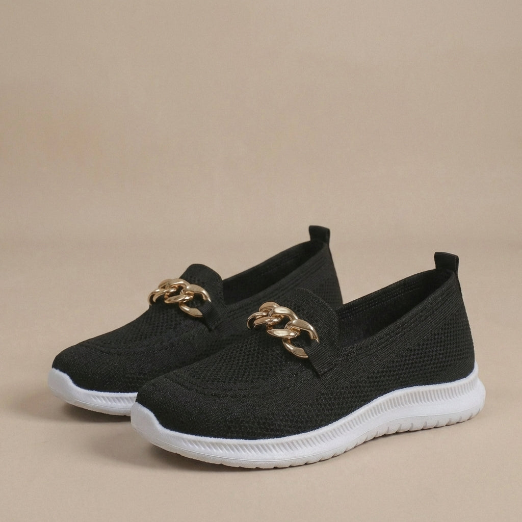 Women’s Rounded Toe Slip-On Loafers with Chain Hardware Detail and Textured Sole